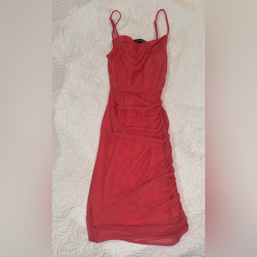 Bebe Vibrant Coral Pink Midi Dress